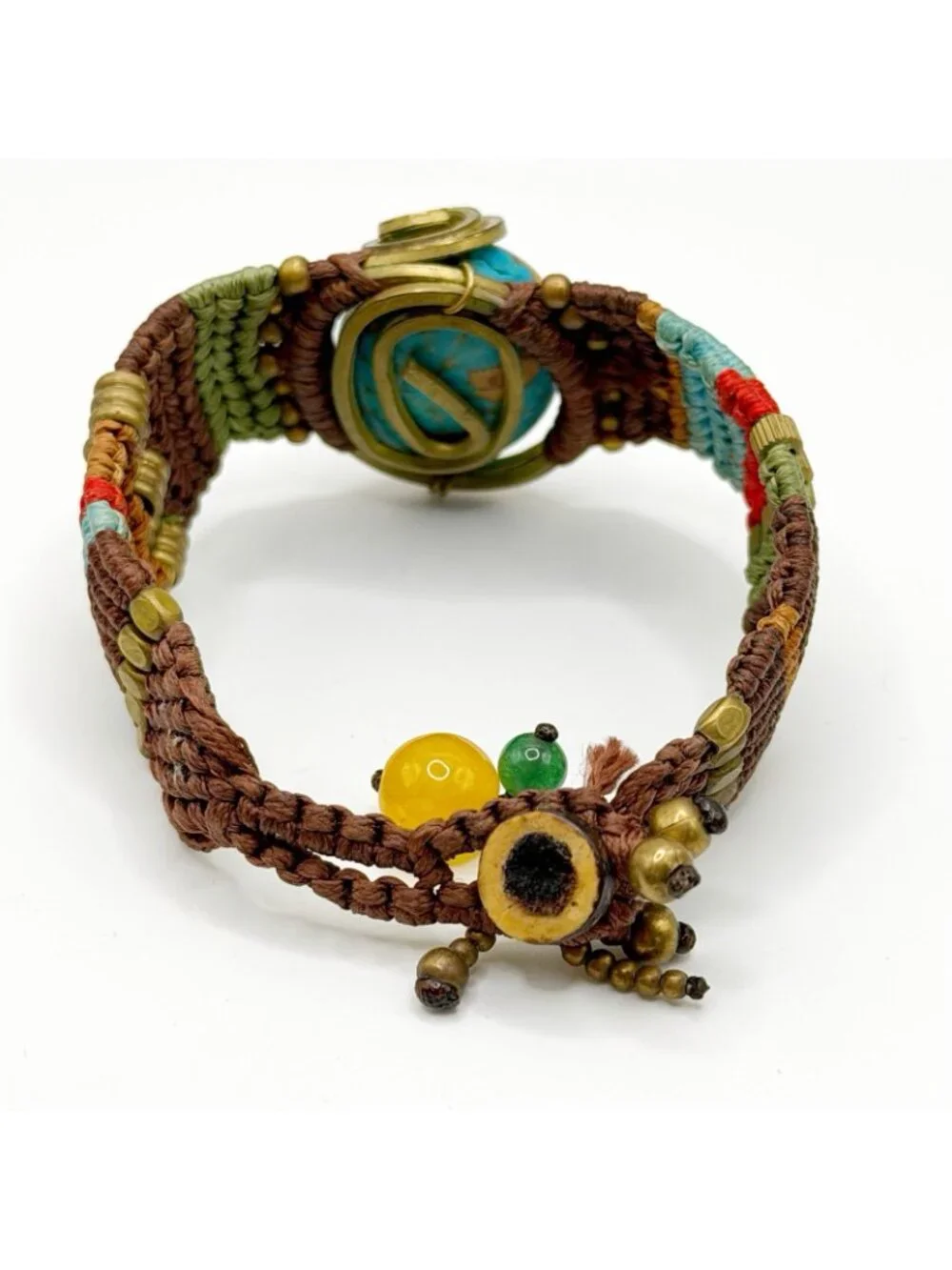Vintage Macrame Braided Bracelet Hand Made Brass Beads Turquoise Stone FLAW